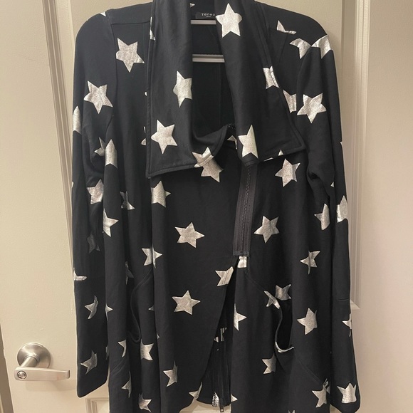 Terez Foil-Printed Draped Zip-Front Black/Silver Star Print Jacket in Size Small - Picture 3 of 15